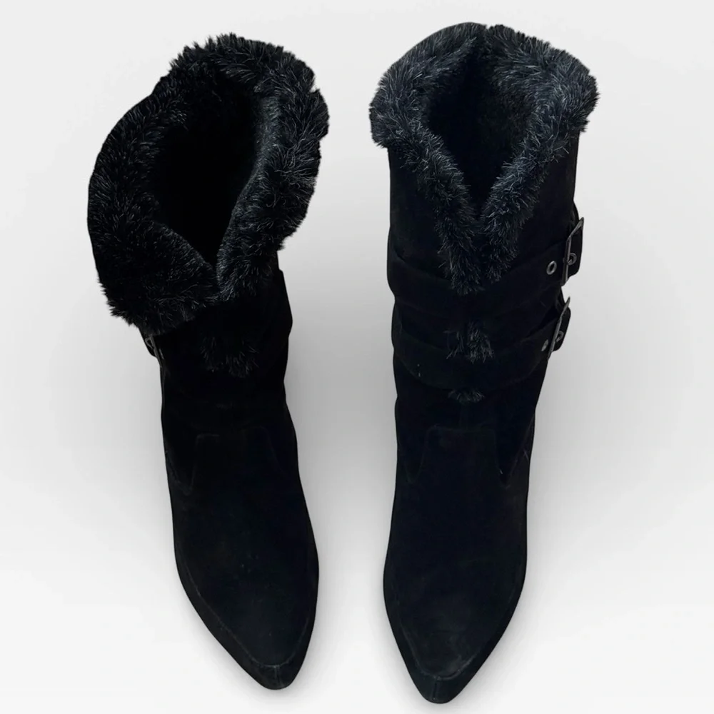 Colin Stuart Sz 8 1/2‎ Black suede faux Fur-Lined Women's stiletto Boots pointed